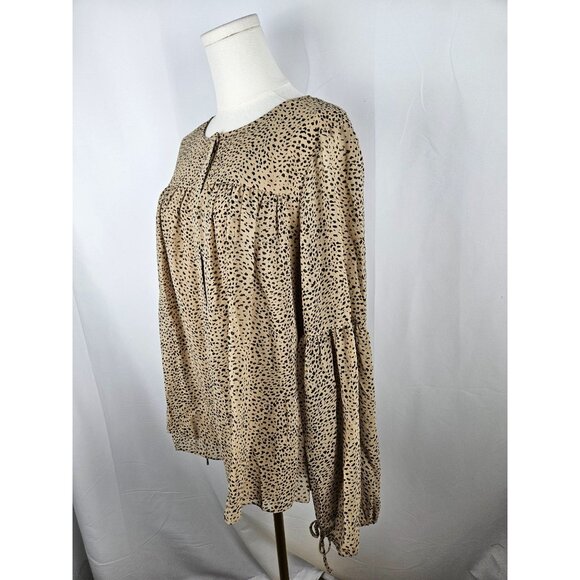 Halston Blouse Size Medium Babydoll Poet Tan Black Animal Print - Picture 5 of 9